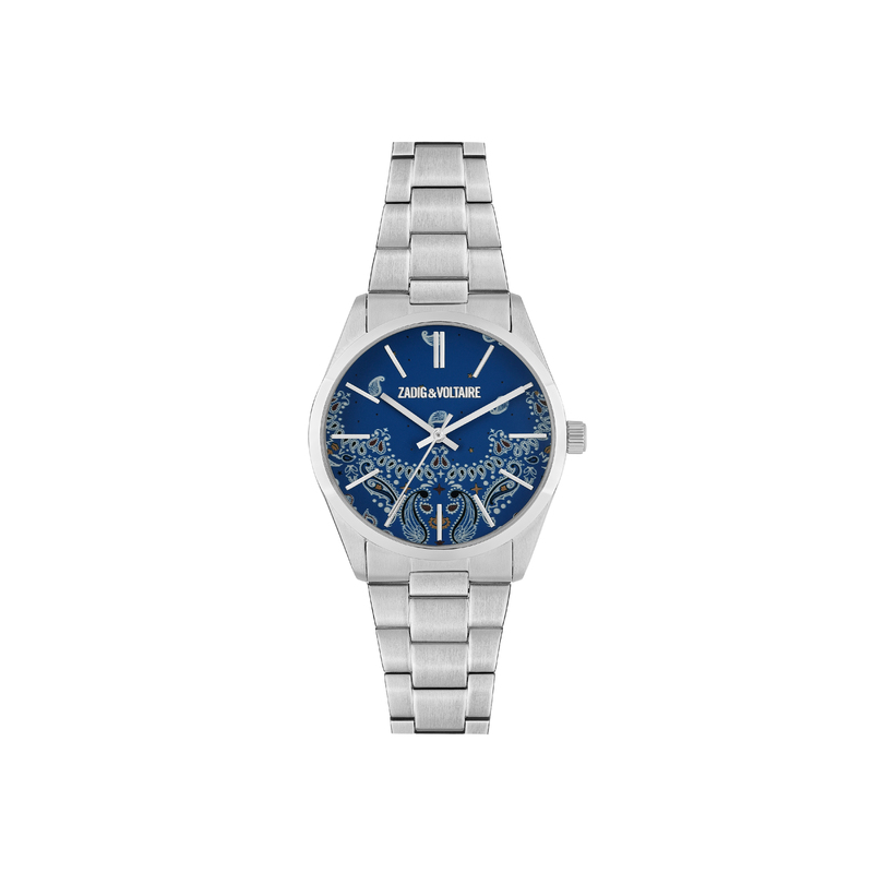 Montre ZADIG ET VOLTAIRE tout acier fond bleu à motifs