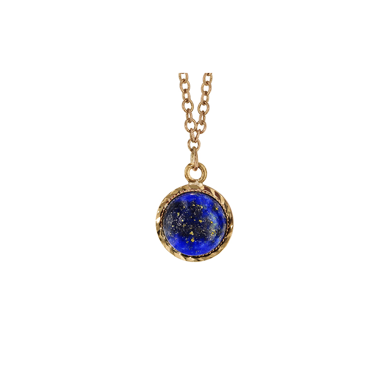 Collier plaqué or pendentif lapis lazuli rond cabochon