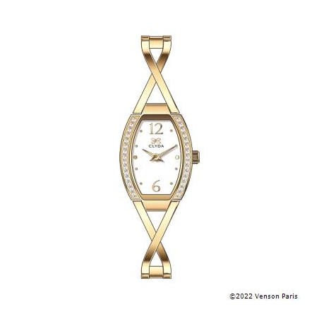Montre CLYDA tout acier doré tonneau fond blenc