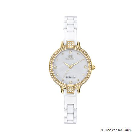 Montre CLYDA acier doré fond blanc nacré bracelet céramique blanche Montre CLYDA acier doré fond blanc nacré bracelet céramique blanche