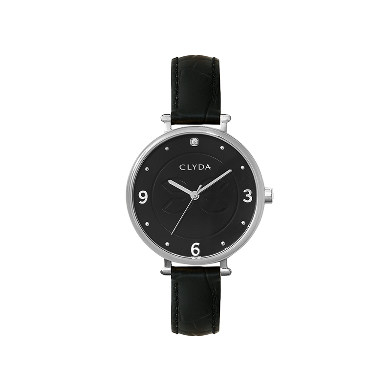 Montre CLYDA acier fond noir bracelet cuir noir