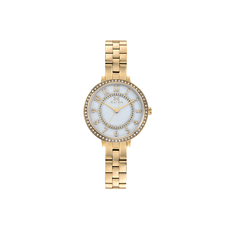 Montre CLYDA tout acier doré fond blanc nacré chiffré serti d'oxydes