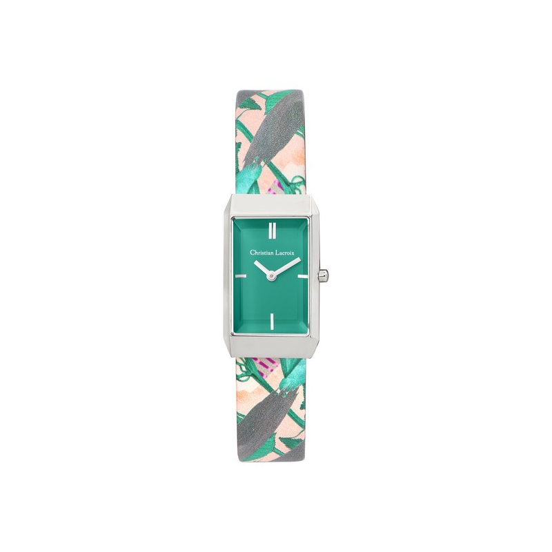 Montre dame CHRISTIAN LACROIX fond vert bracelet cuir coloré fleuri
