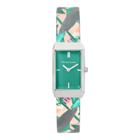 Montre dame CHRISTIAN LACROIX fond vert bracelet cuir coloré fleuri Montre dame CHRISTIAN LACROIX fond vert bracelet cuir coloré fleuri