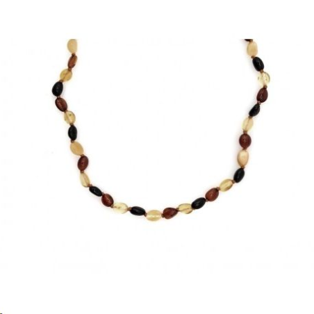 Collier bébé ambre forme olive multicolore avec fermoir vis Collier bébé ambre forme olive multicolore avec fermoir vis
