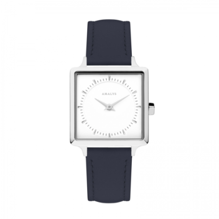 Montre AMALYS carré fond blanc bracelet cuir bleu Montre AMALYS carré fond blanc bracelet cuir bleu