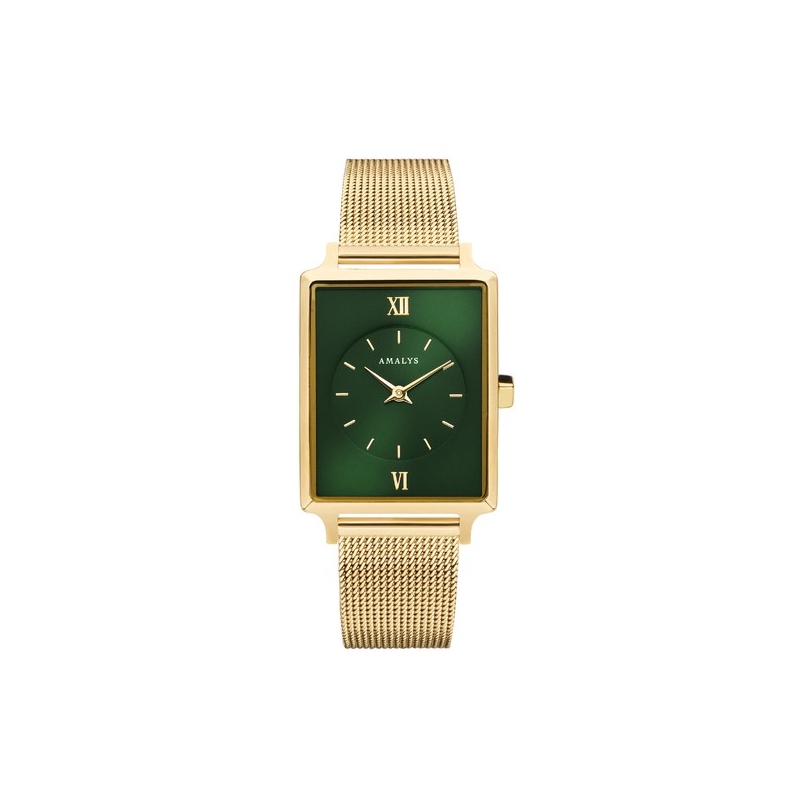 Montre AMALYS cadran rectangulaire tout acier doré fond vert