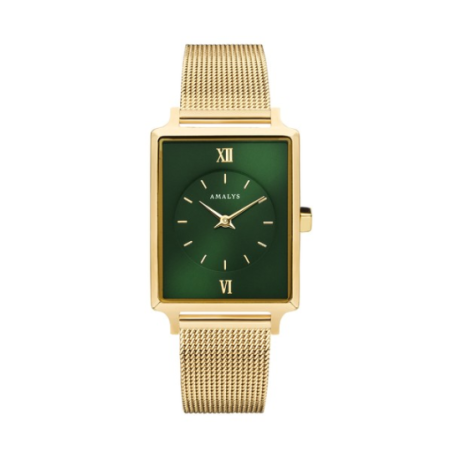 Montre AMALYS cadran rectangulaire tout acier doré fond vert Montre AMALYS cadran rectangulaire tout acier doré fond vert