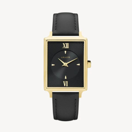 Montre AMALYS cadran rectangulaire acier doré bracelet cuir noir Montre AMALYS cadran rectangulaire acier doré bracelet cuir noir