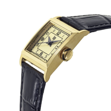 Montre LIP Churchill C18 boite carré acier doré bracelet cuir noir Montre LIP Churchill C18 boite carré acier doré bracelet cuir noir