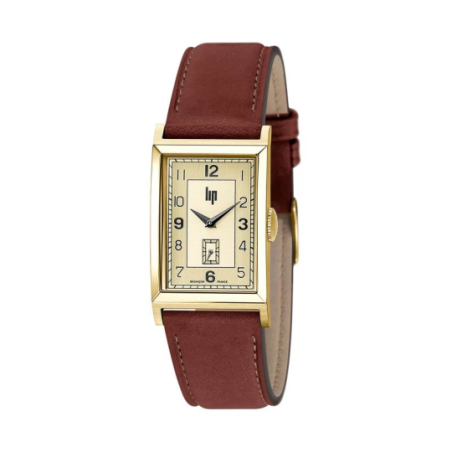 Montre LIP Churchill cadran rectangulaire acier doré bracelet cuir marron Montre LIP Churchill cadran rectangulaire acier doré bracelet cuir marron