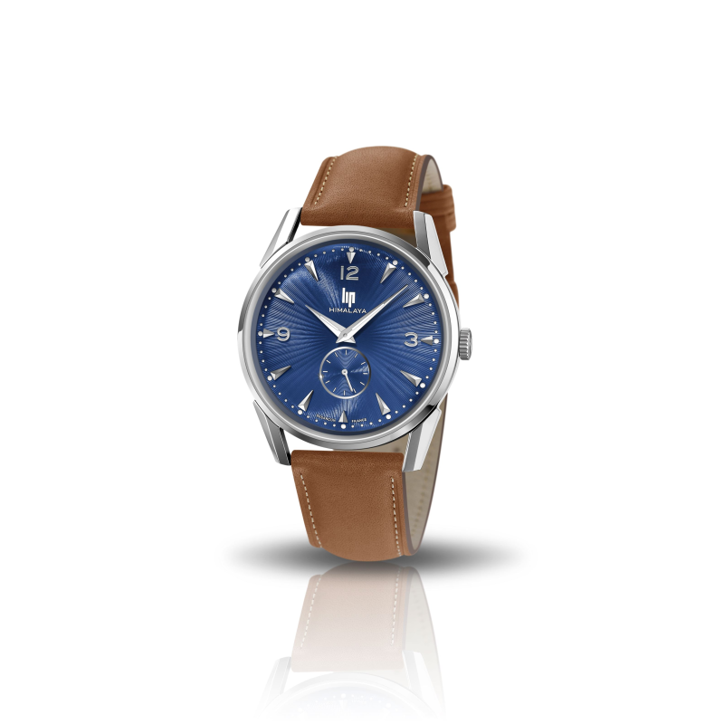Montre LIP Himalaya cadran acier fond bleu bracelet cuir marron