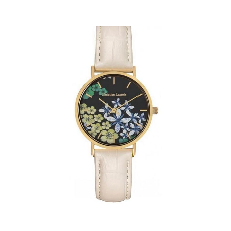 Montre CHRISTIAN LACROIX boite acier doré fond fleuri bracelet cuir crème