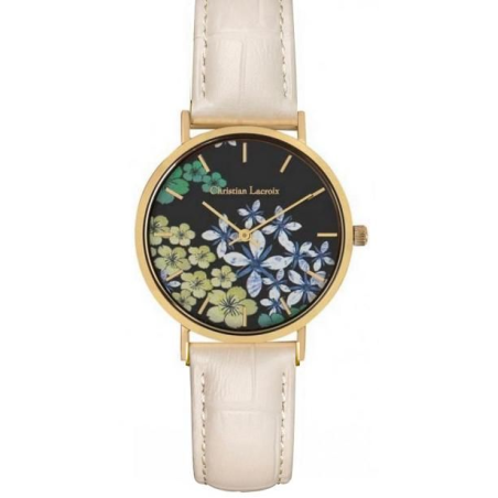 Montre CHRISTIAN LACROIX boite acier doré fond fleuri bracelet cuir crème