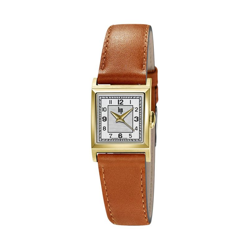 Montre LIP Churchill C18 boite carré acier doré bracelet cuir marron