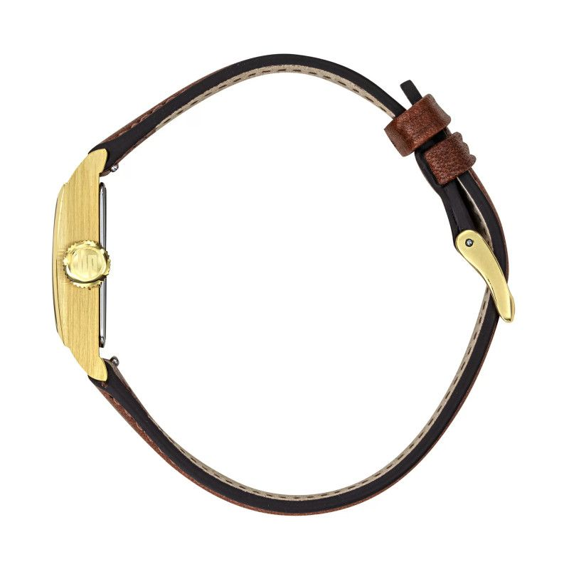 Montre LIP Churchill C18 boite carré acier doré bracelet cuir marron