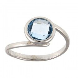 Bague or blanc 18 carats topaze bleue centrale ronde sertis