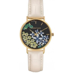Montre CHRISTIAN LACROIX boite acier doré fond fleuri bracelet cuir crème