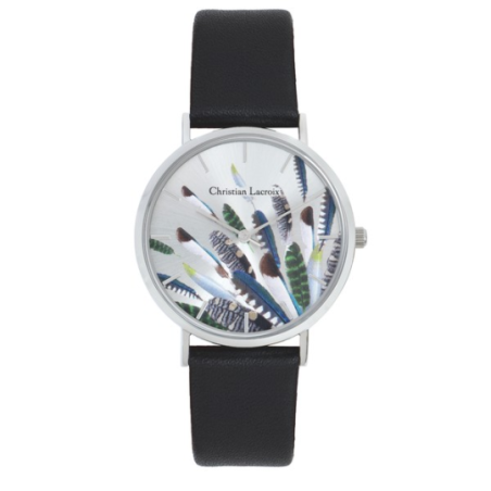 Montre CHRISTIAN LACROIX boite ronde blanche bracelet cuir noir fond motif plumes