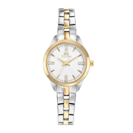 Montre CLYDA tout acier bicolore fond blanc nacré