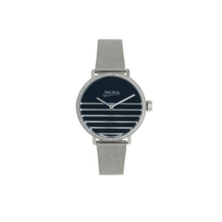 Montre JEAN PAUL GAULTIER tout acier bracelet milanais fond bleu rayé blanc