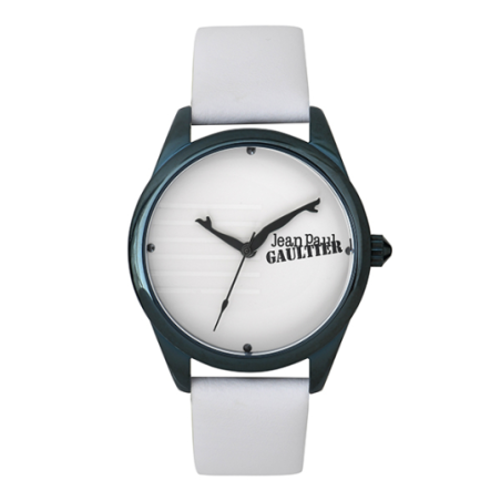 Montre JEAN PAUL GAULTIER boite bleu fond et bracelet cuir blanc