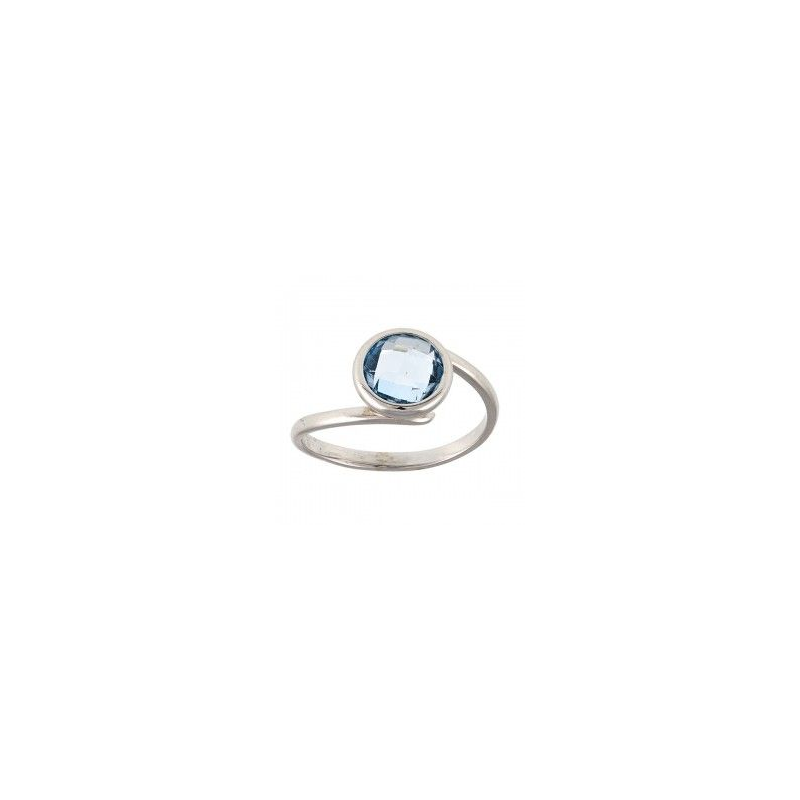 Bague or blanc 18 carats topaze bleue centrale ronde sertis