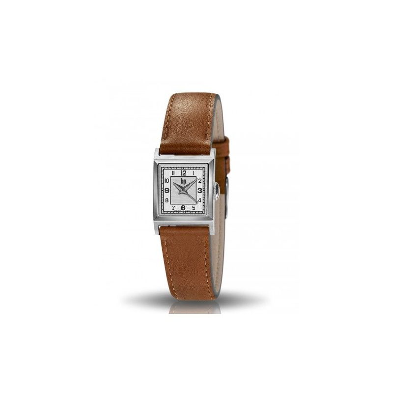 Montre LIP Churchill C18 boite carré acier bracelet cuir marron