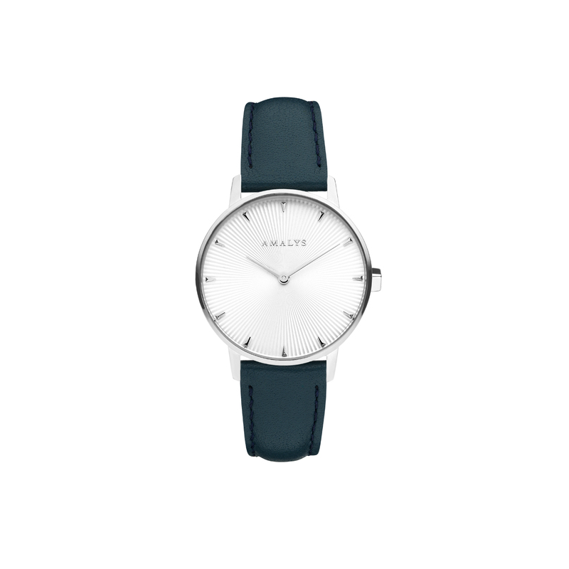 Montre AMALYS fond blanc strié cuir bleu canard