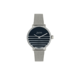 Montre JEAN PAUL GAULTIER tout acier bracelet milanais fond bleu rayé blanc