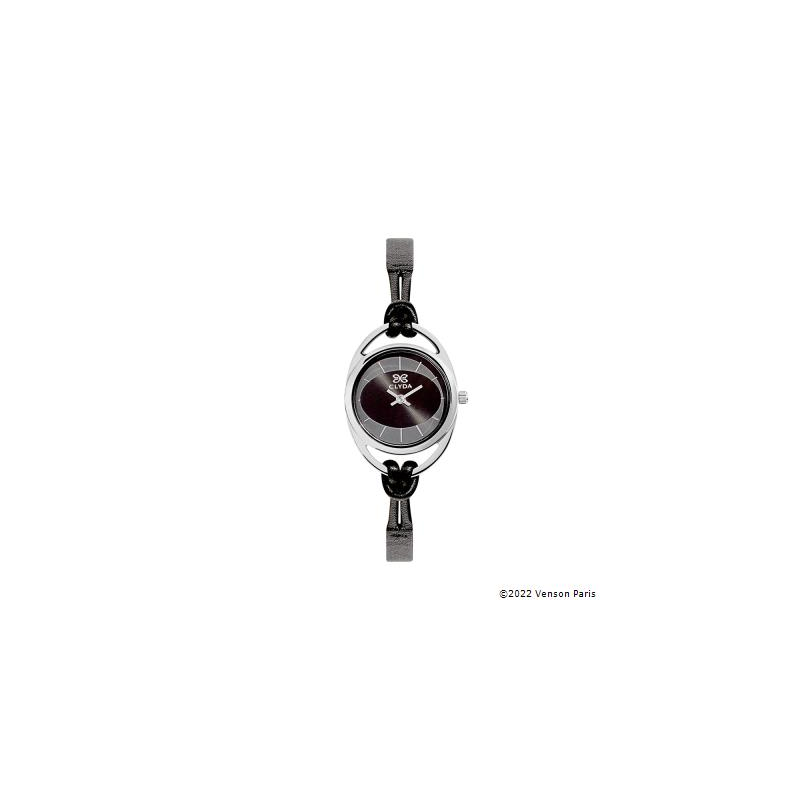 Montre CLYDA acier fond et bracelet cuir noir